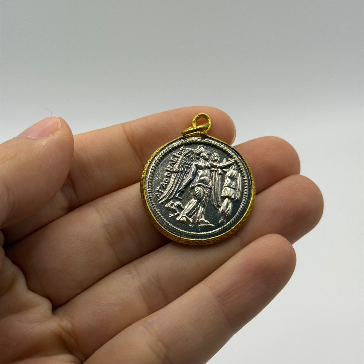 Ancient Roman Greek Style Silver & Gold Plated Coin Pendant