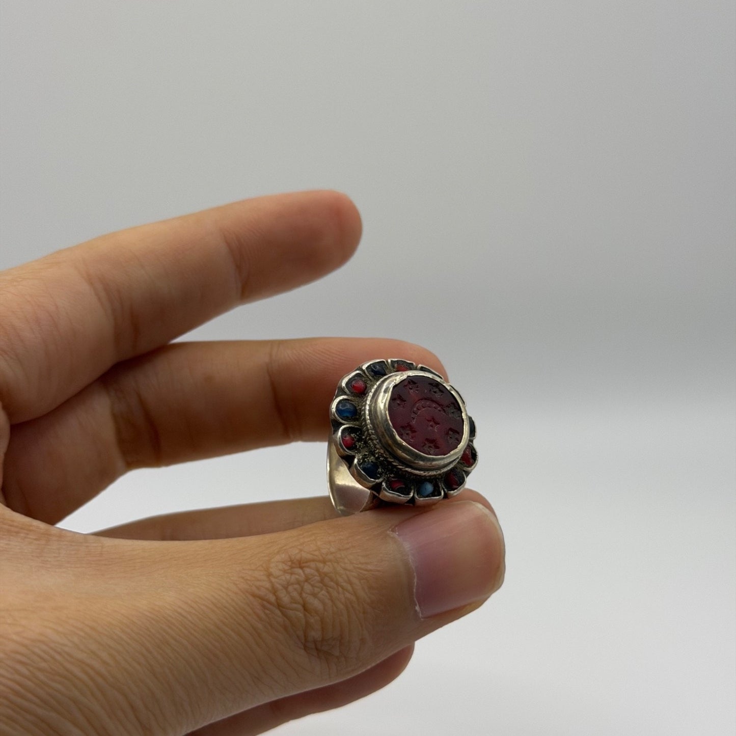 Silver Filigree Flower Ring with Carnelian Intaglio & Bead Border