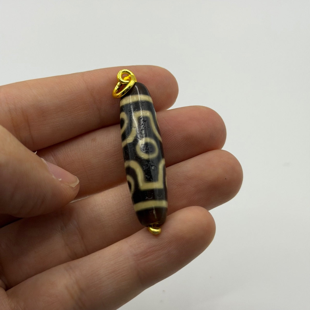 Vintage Tibetan Dzi Eye Agate Bead Tube Pendant Gold Tone Charm