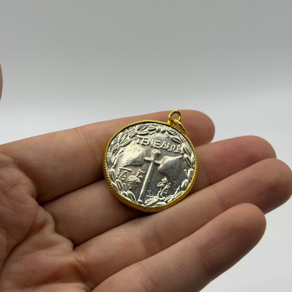 Ancient Roman Greek Style Silver & Gold Plated Coin Pendant