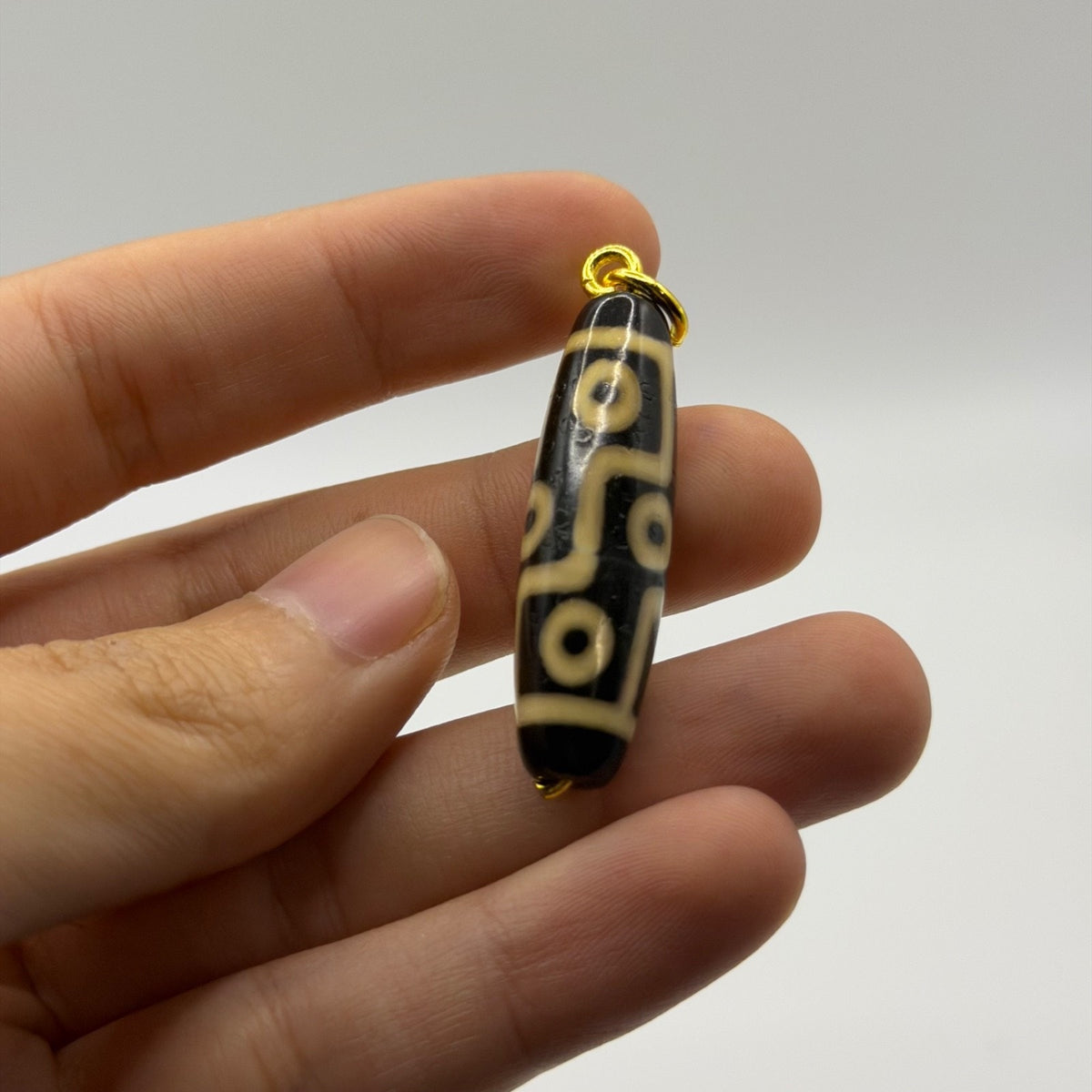 Vintage Tibetan Dzi Eye Agate Bead Tube Pendant Gold Tone Charm