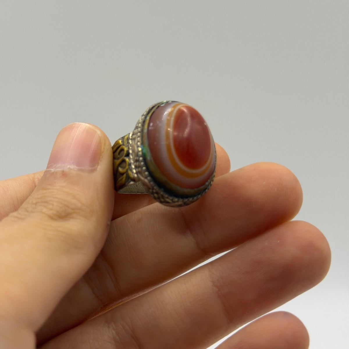 Antique Style Silver Ring with Concentric Banded Carnelian Agate Gemstone
