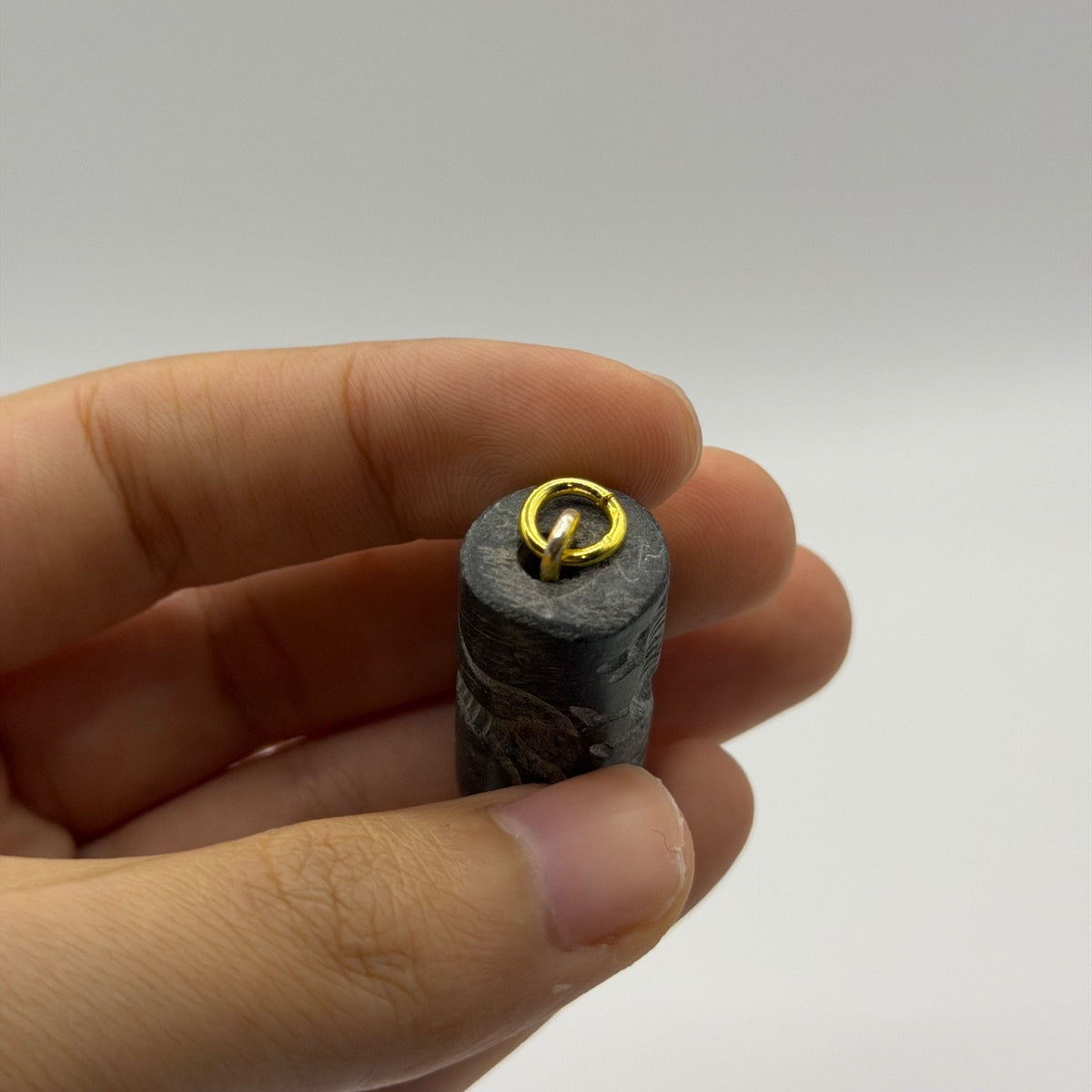 Vintage Solid Silver Carved Cylinder Seal Pendant Ancient Style Bead Charm
