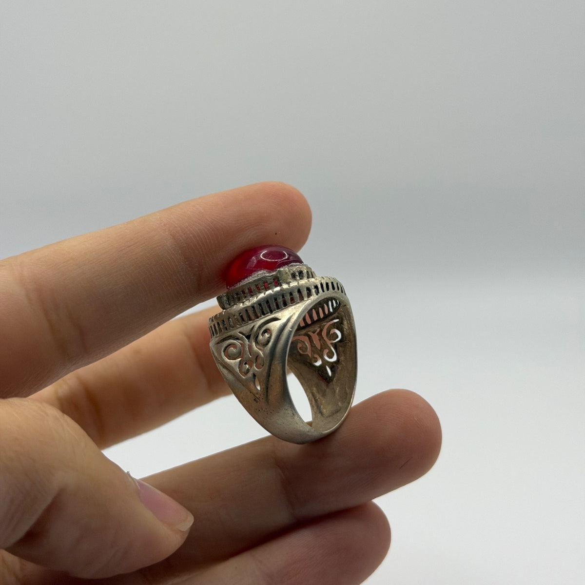 Vintage Silver Ring Red Glass Stone Cutout Design Ornate