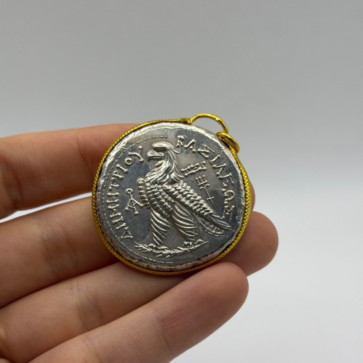 Ancient Roman Greek Style Silver & Gold Tone Coin Pendant
