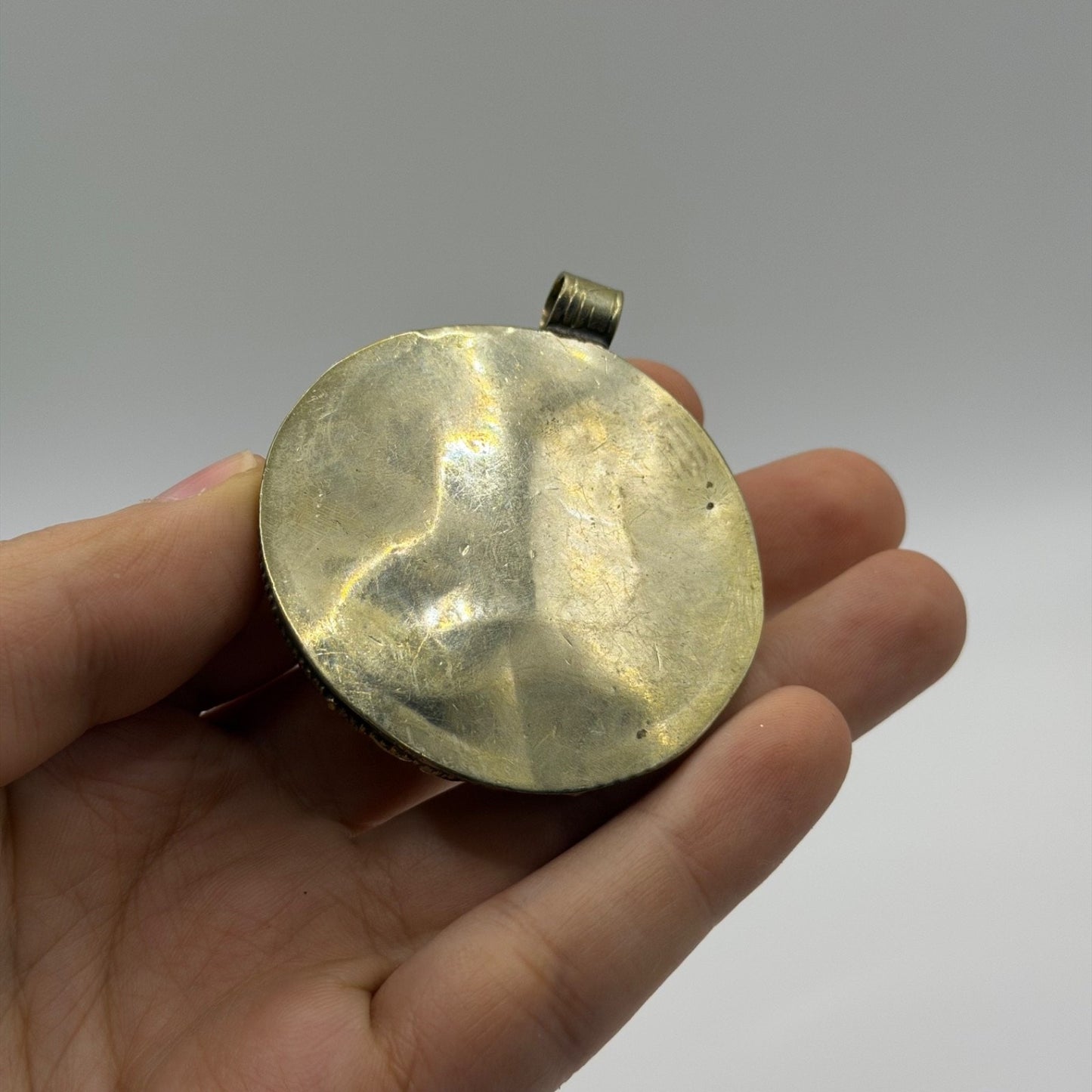 Vintage Nepalese Tribal Round Yellow Amber Resin Pendant Brass Flower Detail
