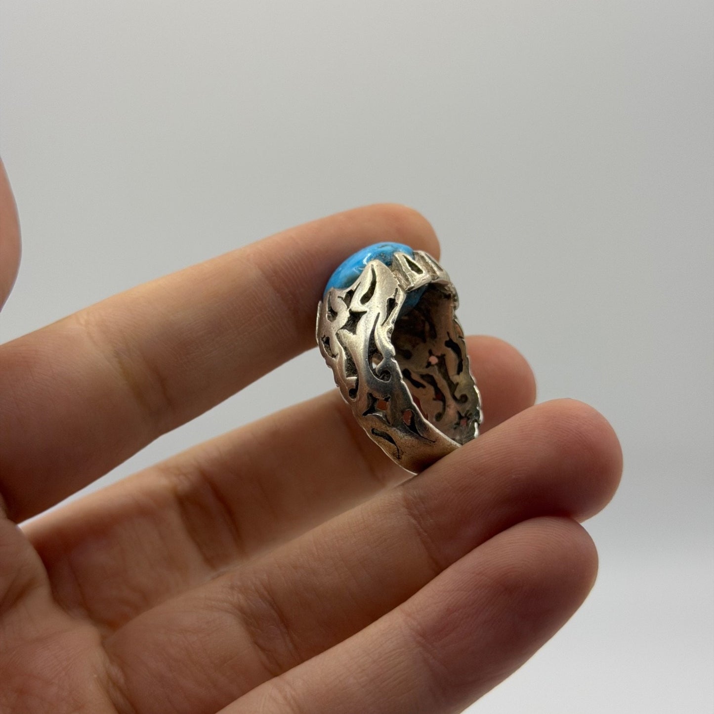 Sterling Silver Tribal Flame Design Ring with Turquoise Cabochon Stone