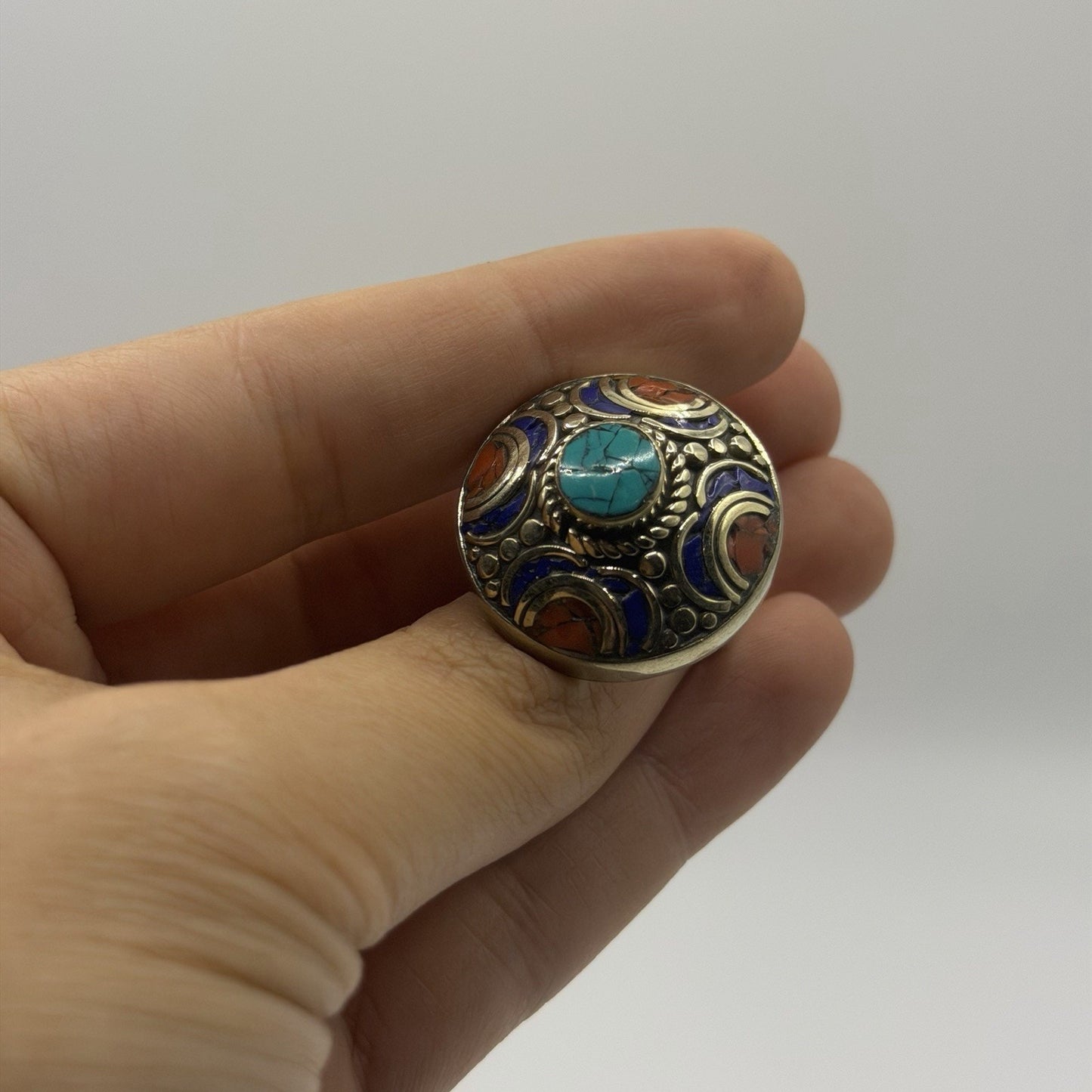 Unique Handmade Tribal Nepalese Multi Stone Silver Tone Ring
