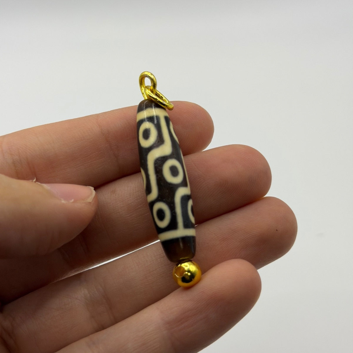 Vintage Tibetan Dzi Eye Agate Bead Tube Pendant Gold Tone Charm