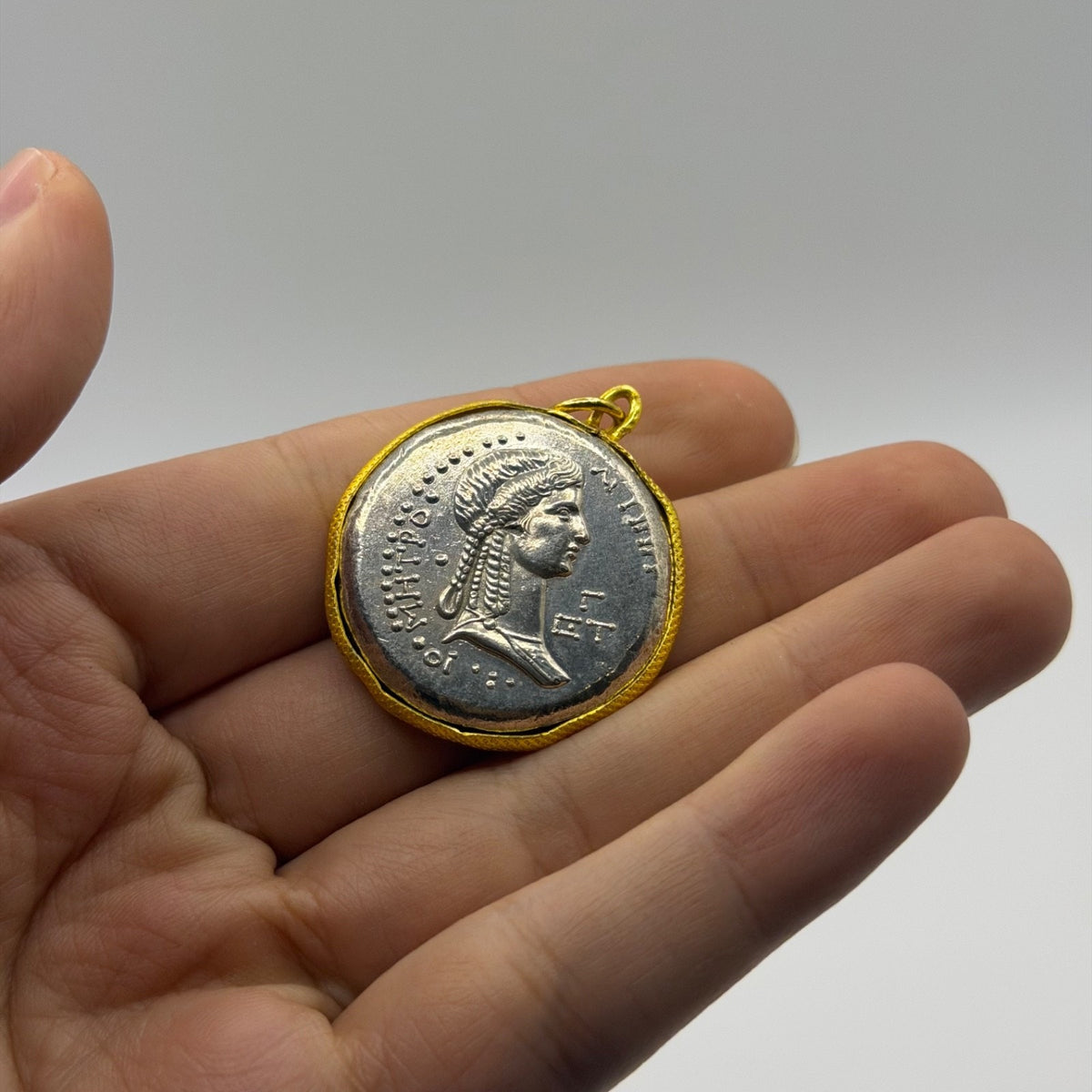 Ancient Greek Roman Inspired Silver Plated Gold Gilded Coin Pendant