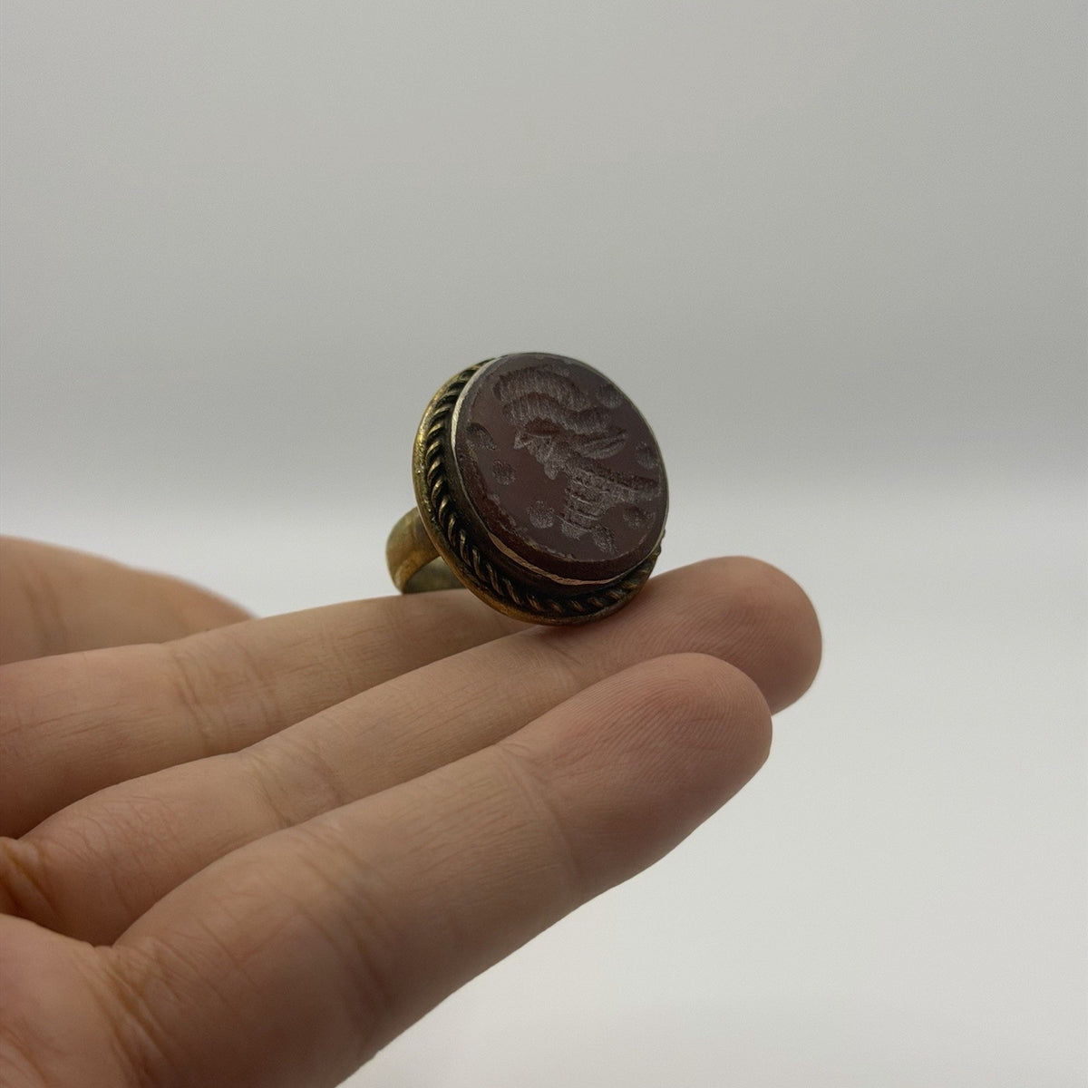 Ancient Roman Style Emperor Sitting Intaglio Brass Ring