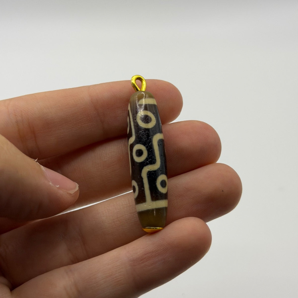 Vintage Tibetan Dzi Eye Agate Bead Tube Pendant Gold Tone Charm
