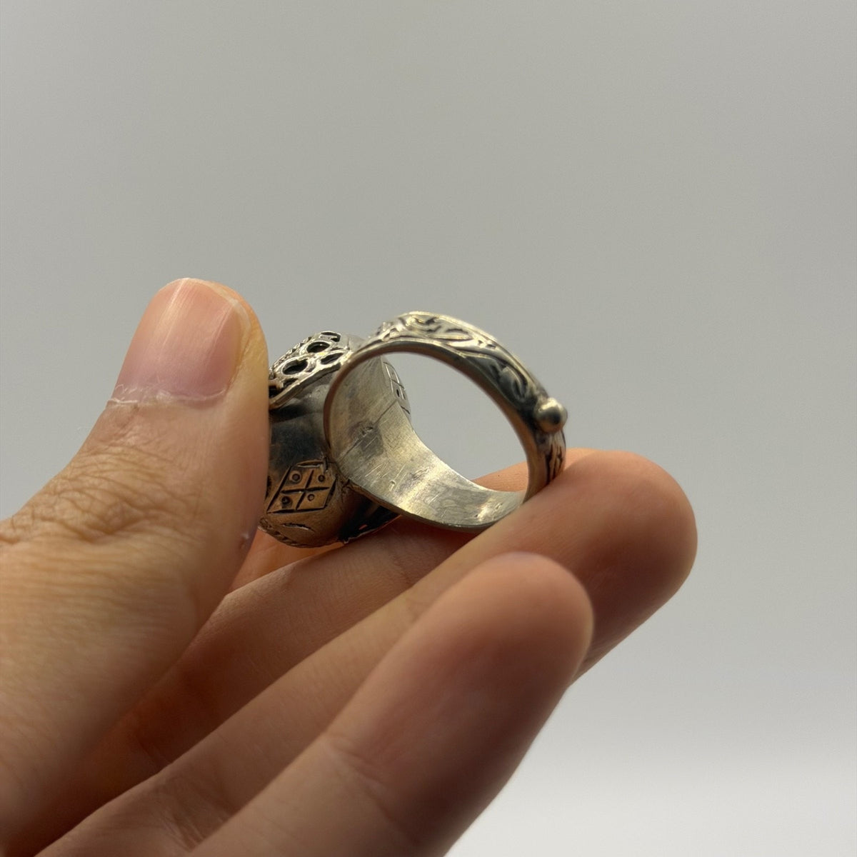 Antique Style Silver Filigree Ring with Oval Black Intaglio Gemstone