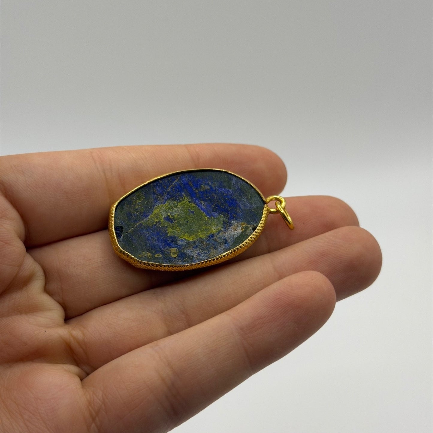 Large Natural Afghan Lapis Lazuli Oval Pendant Faceted Gemstone Gold Frame