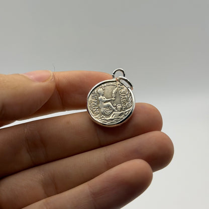 Ancient Roman Greek Style Silver Tone Coin Pendant