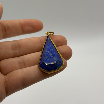 Natural Afghan Lapis Lazuli Teardrop Pendant Faceted Blue Gemstone Gold Tone