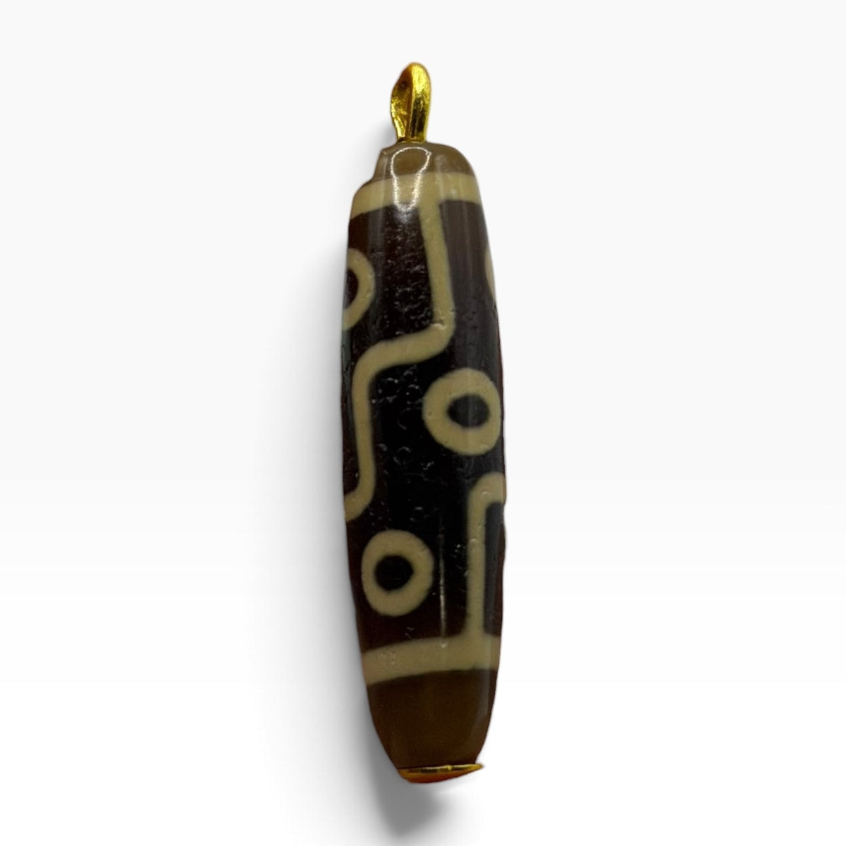 Vintage Tibetan Dzi Eye Agate Bead Tube Pendant Gold Tone Charm