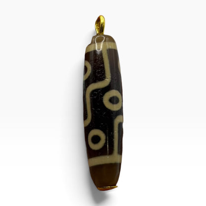 Vintage Tibetan Dzi Eye Agate Bead Tube Pendant Gold Tone Charm
