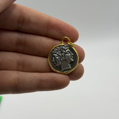 Ancient Roman Greek Style Silver & Gold Plated Coin Pendant