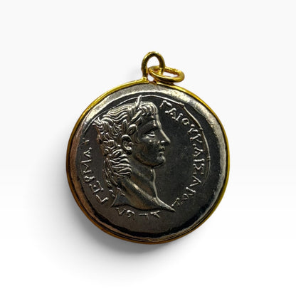 Ancient Roman Coin Style Pendant Laureate Bust Gold Tone Frame Charm