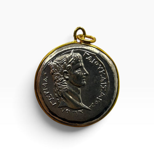 Ancient Roman Coin Style Pendant Laureate Bust Gold Tone Frame Charm