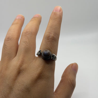 Vintage Silver Eye Agate Bead Ring Wire Wrapped Boho Ethnic Statement
