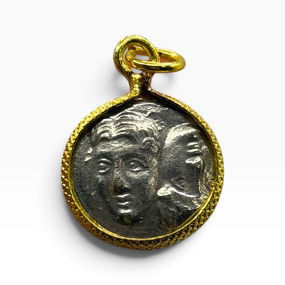 Ancient Roman Greek Style Silver & Gold Tone Coin Pendant