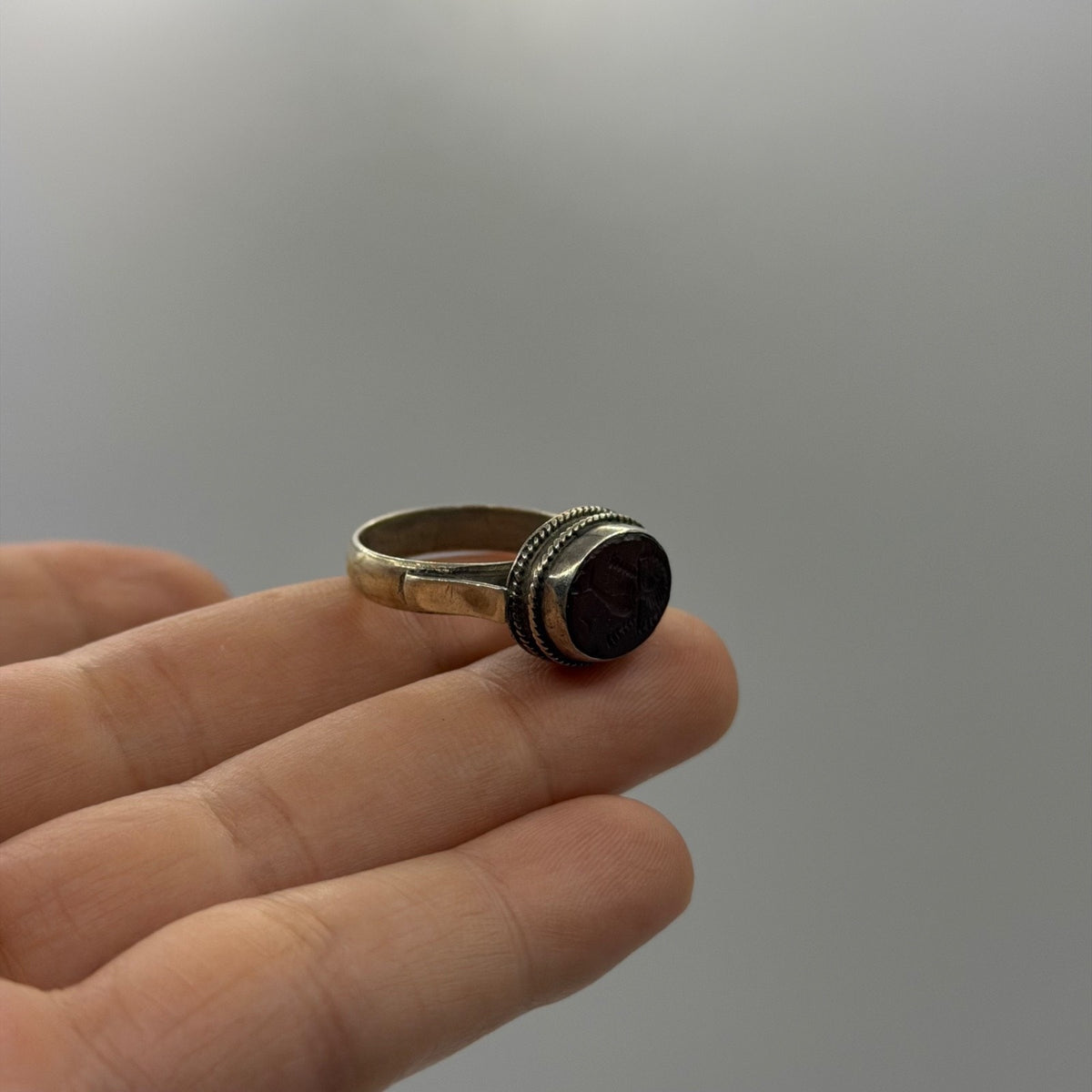 Silver Carnelian Intaglio Engraved Oval Gemstone Rope Edge Signet Ring