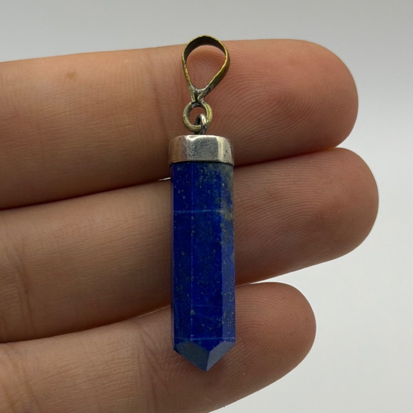 Natural Afghan Lapis Lazuli Point Pendant Silver Cap Hexagonal Crystal Bullet