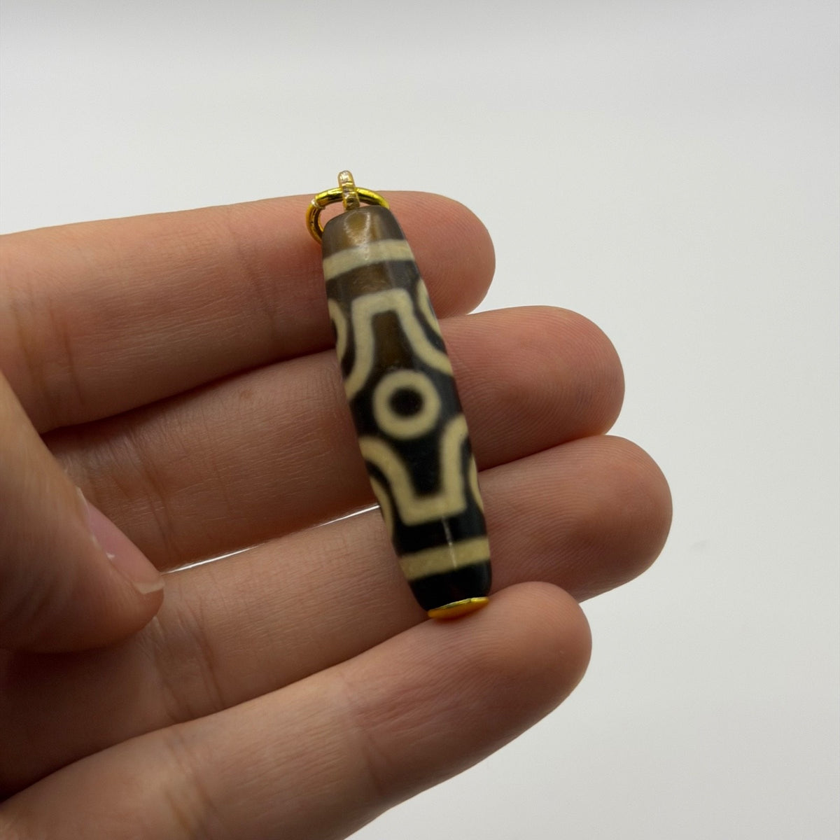 Vintage Tibetan Dzi Eye Agate Bead Tube Pendant Gold Tone Charm