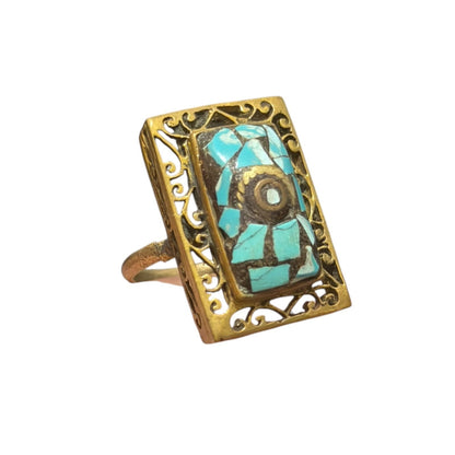 Vintage Nepalese Tribal Brass Ring With Stones