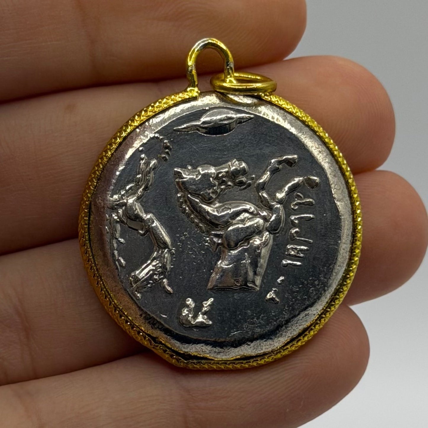 Ancient Greek Inspired Coin Gold Plated Frame Pendant