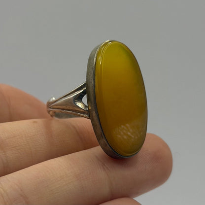 Vintage Silver Solitaire Ring with Large Oval Yellow Chalcedony Cabochon