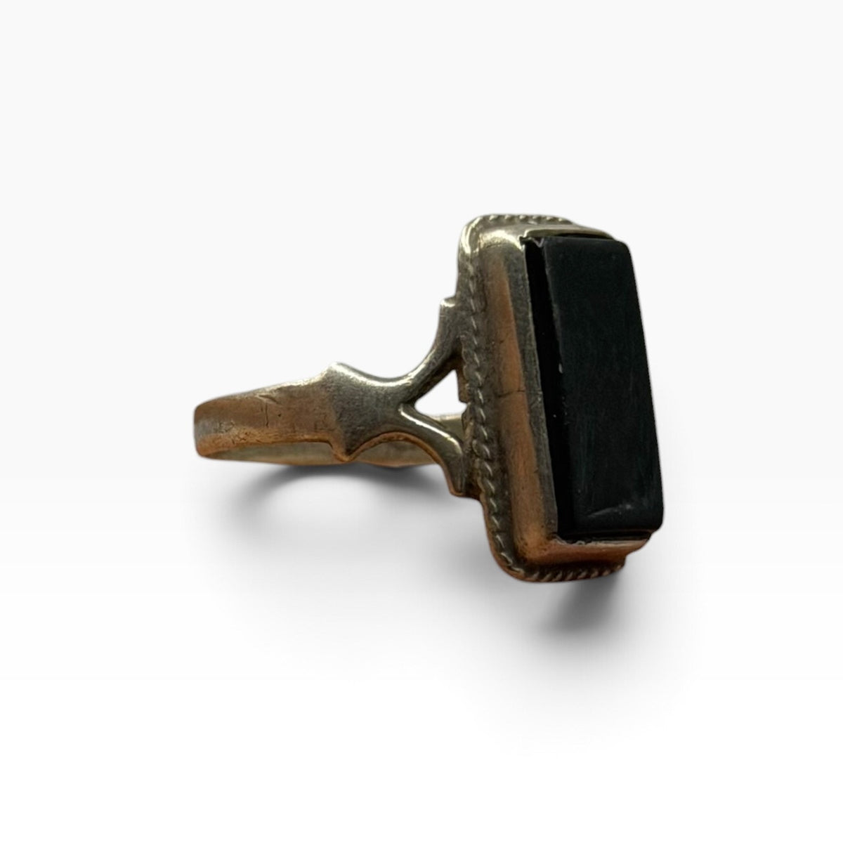 Vintage Silver Rectangular Black Onyx Statement Solitaire Ring