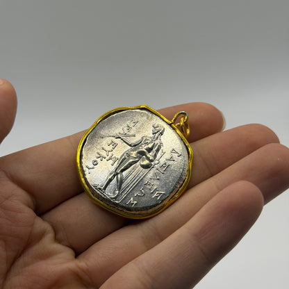 Ancient Roman Greek Inspired Silver Plated Gold Gilded Coin Pendant