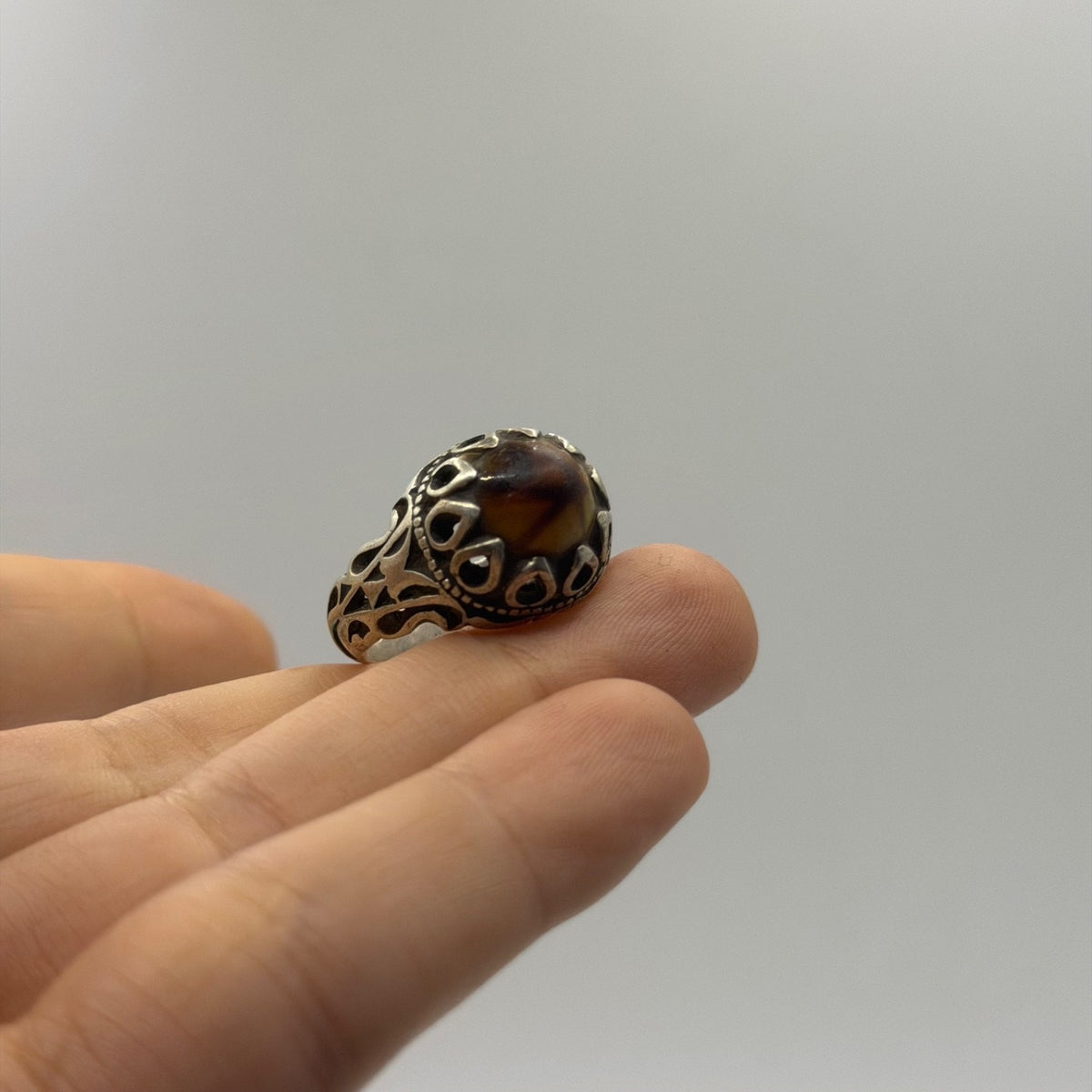 Vintage Islamic Ottoman Style Tiger Eye Silver Ring