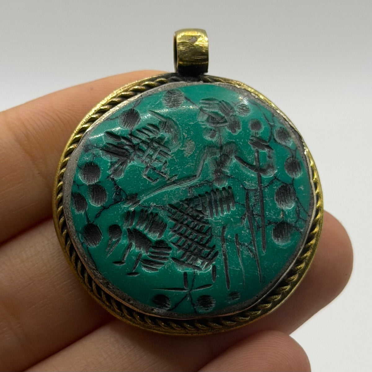 Ancient Near Eastern Style Hand Carved Intaglio Brass Pendant