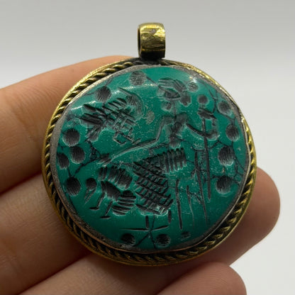 Ancient Near Eastern Style Hand Carved Intaglio Brass Pendant