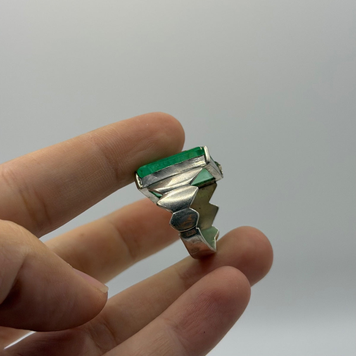 Vintage Silver Emerald Cut Green Gem Ring Tiered Geometric Design