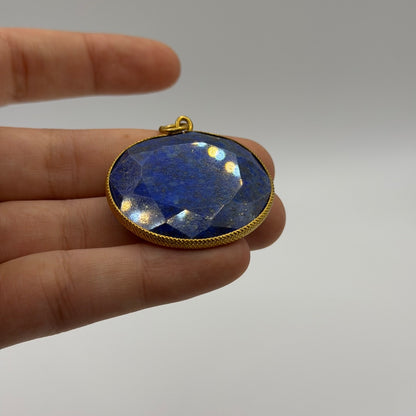 Natural Afghan Lapis Lazuli Pendant Faceted Round Blue Gemstone Gold Tone Frame