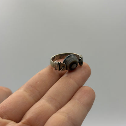 Vintage Silver Eye Agate Bead Ring Wire Wrapped Boho Ethnic Statement