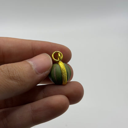 Vintage Carved Green Stone Watermelon Bead Pendant Gold Plated Frame Charm