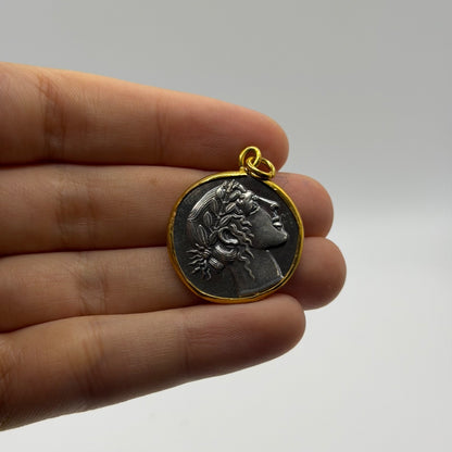 Ancient Roman Greek Style Silver & Gold Tone Coin Pendant