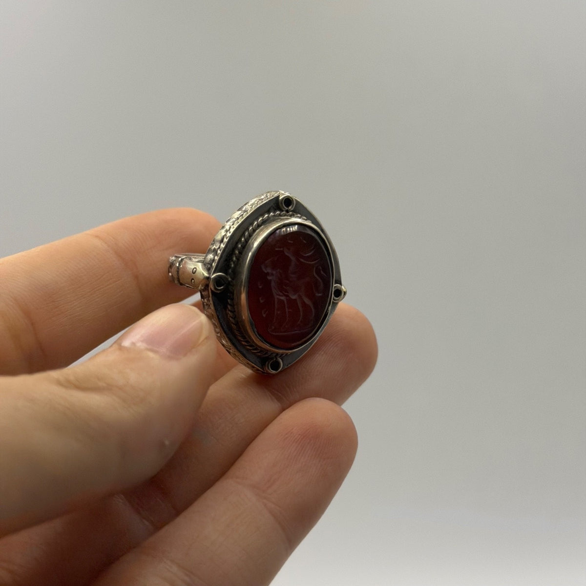Vintage Silver Ancient Roman Style Intaglio Ring Carved Red Carnelian Seal