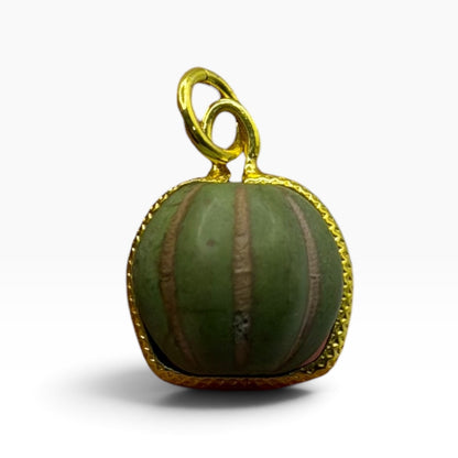 Vintage Carved Green Stone Watermelon Bead Pendant Gold Plated Frame Charm