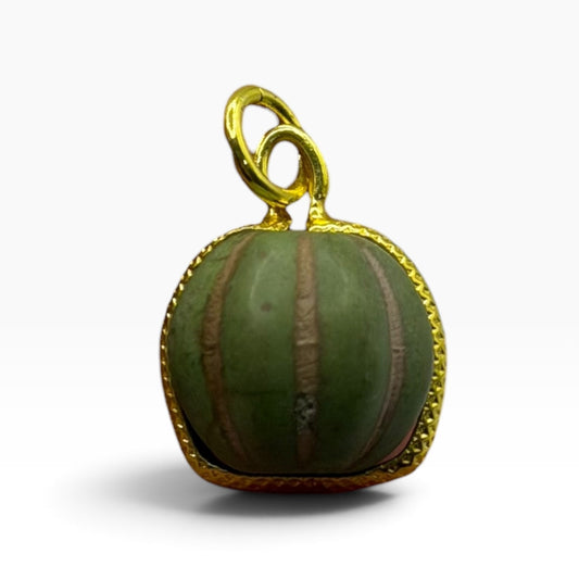 Vintage Carved Green Stone Watermelon Bead Pendant Gold Plated Frame Charm
