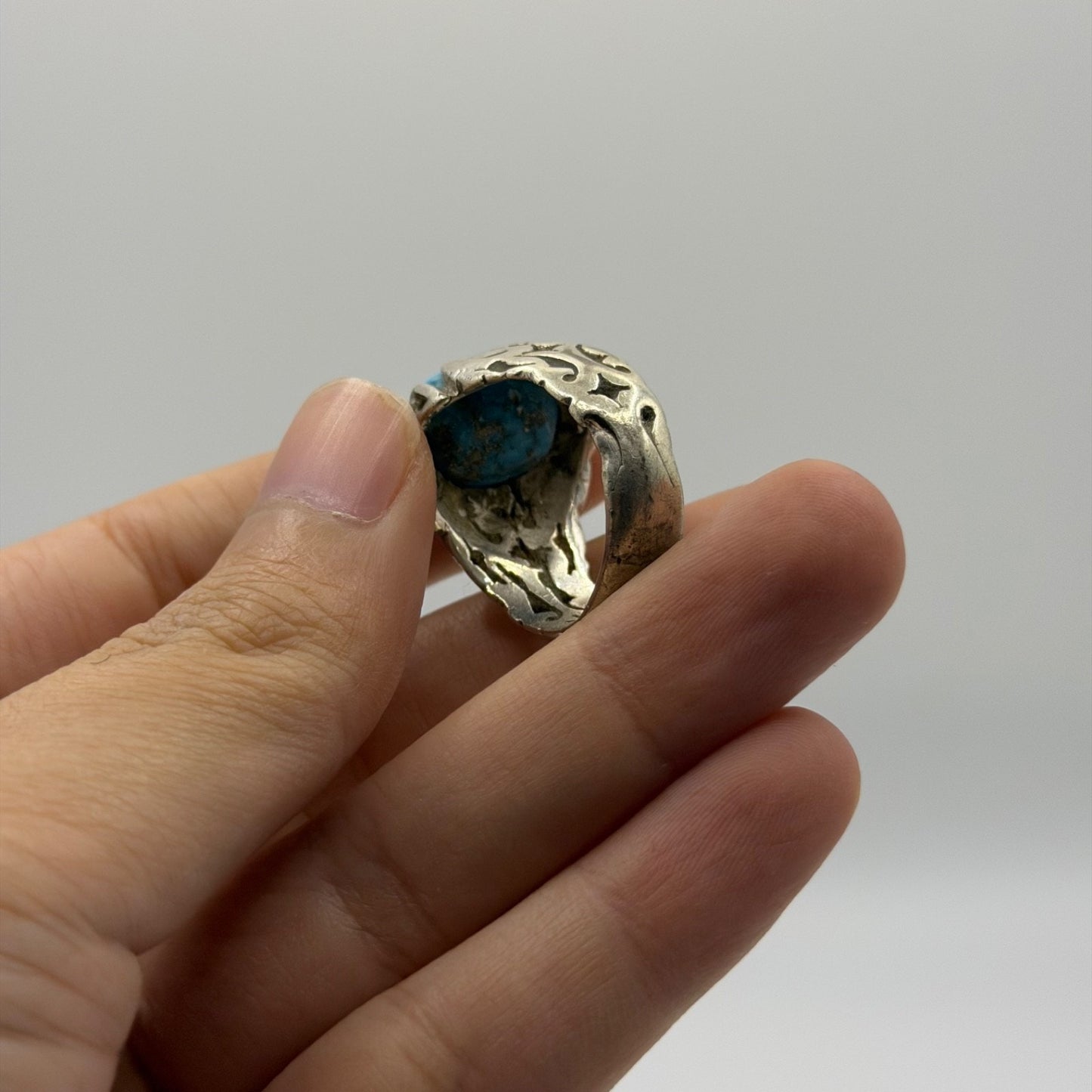 Sterling Silver Tribal Flame Design Ring with Turquoise Cabochon Stone