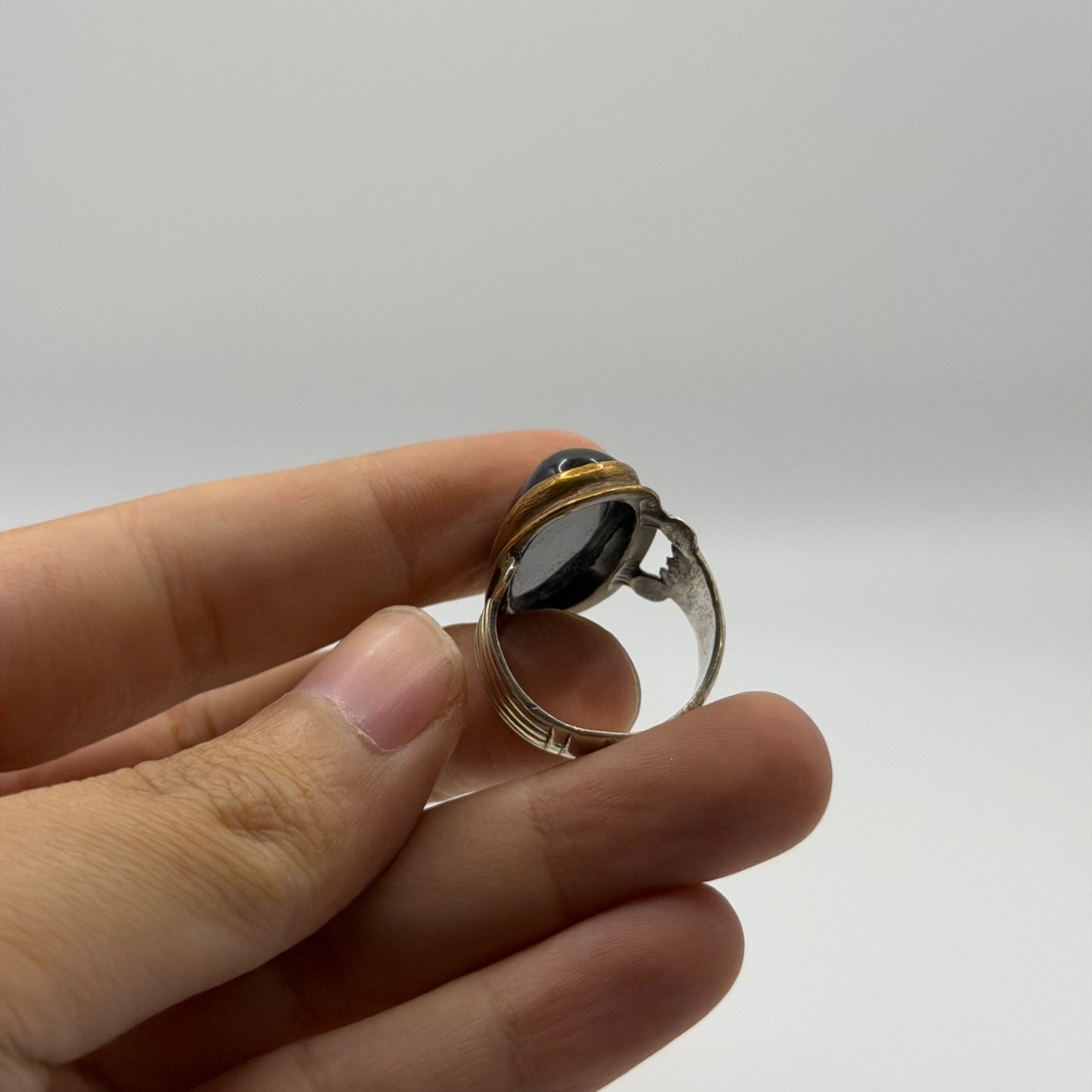 Silver Ribbed Band Ring with Oval Black Onyx Stone