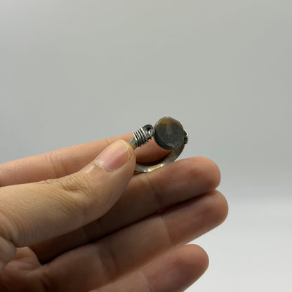 Vintage Silver Eye Agate Bead Ring Wire Wrapped Boho Ethnic Statement