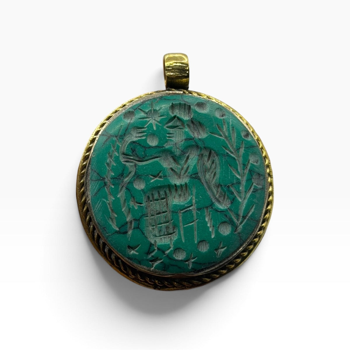 Ancient Near Eastern Style Hand Carved Intaglio Brass Pendant